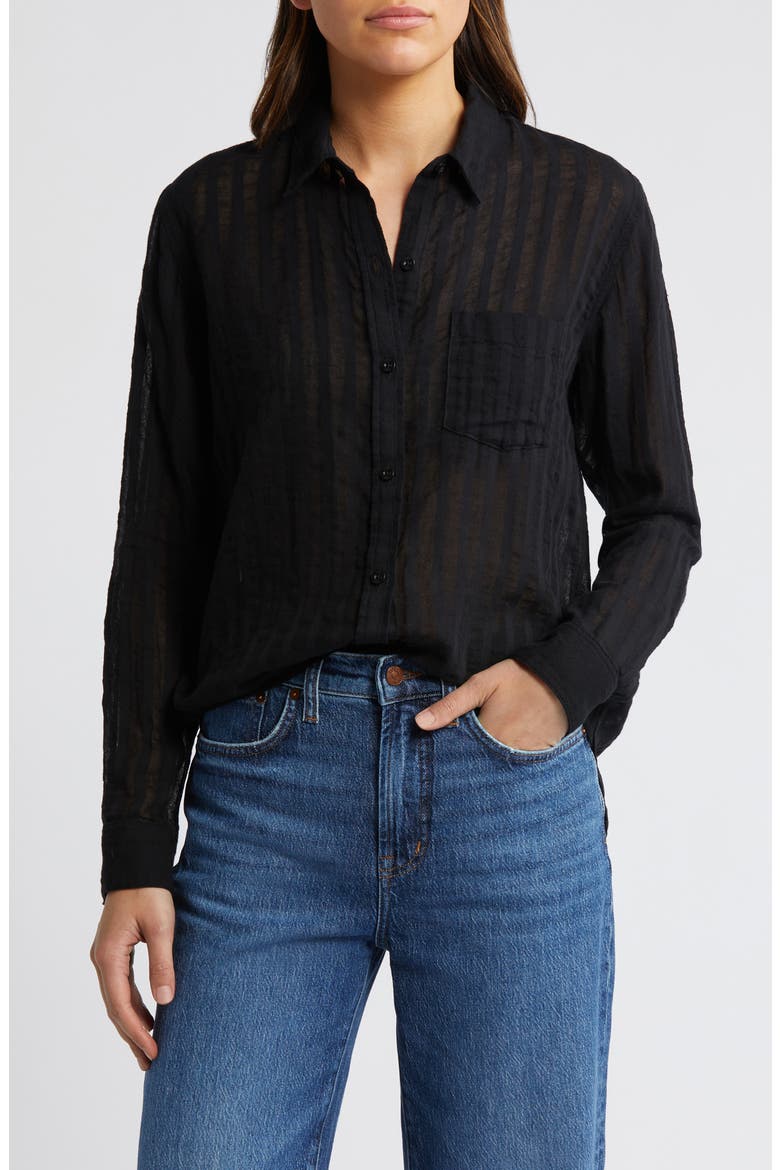 Charli Shadow Stripe Cotton Button-Up Shirt, Main, color, BLACK SHADOW STRIPE