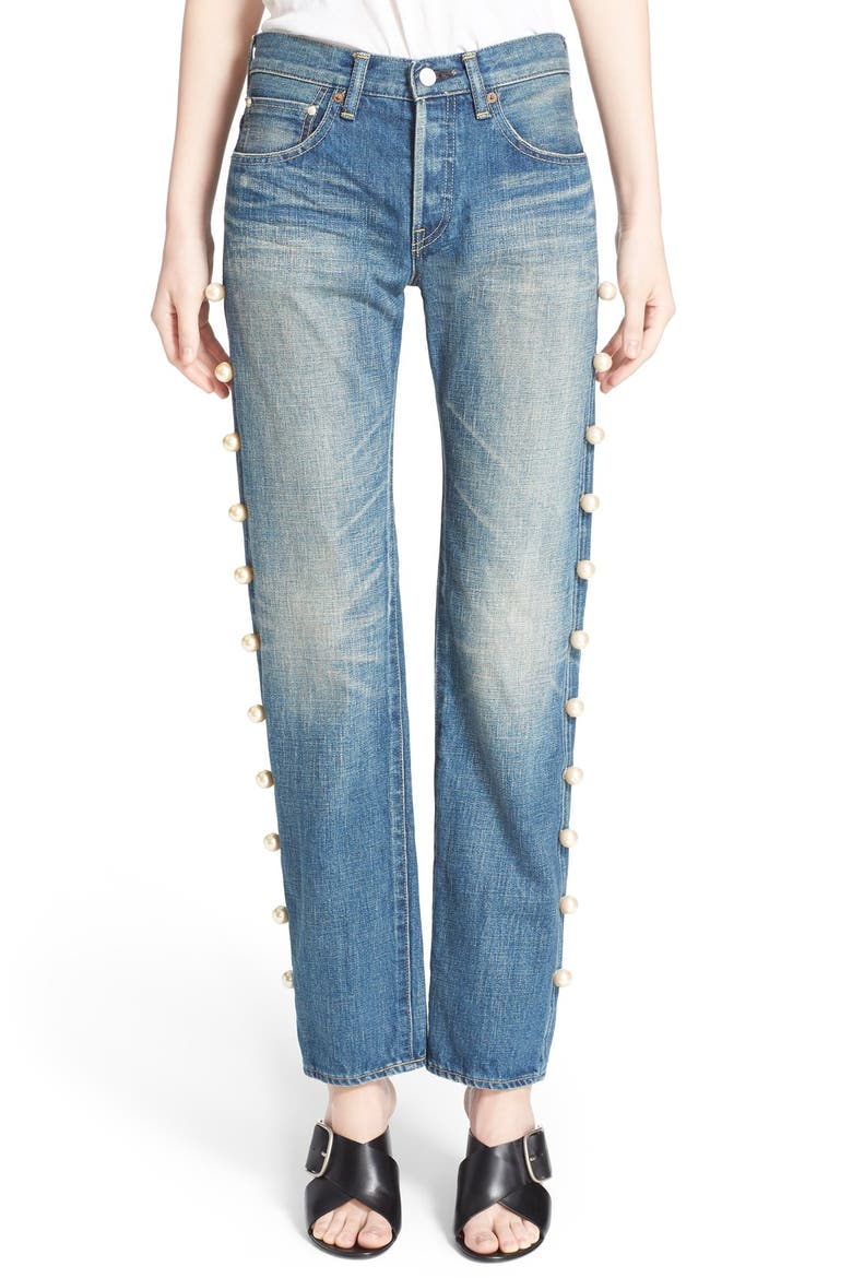Imitation Pearl Embellished Jeans, Main, color, PEARL