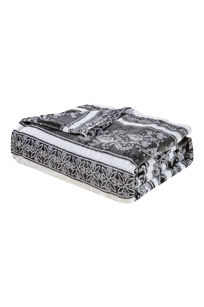 Odelia Floral Stripe Plush Throw Blanket, Main, color, BLACK MULTI