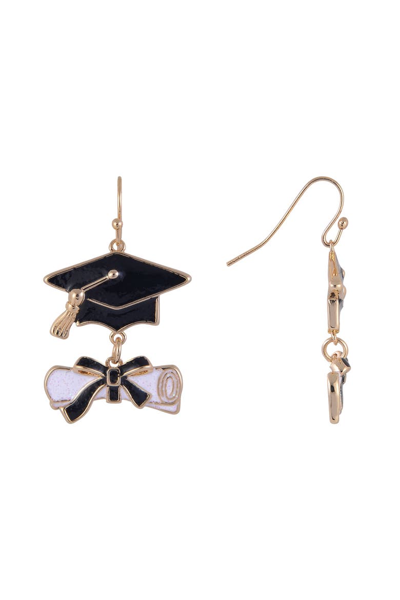 Graduation Cap and Diploma Earrings, Alternate, color, Black