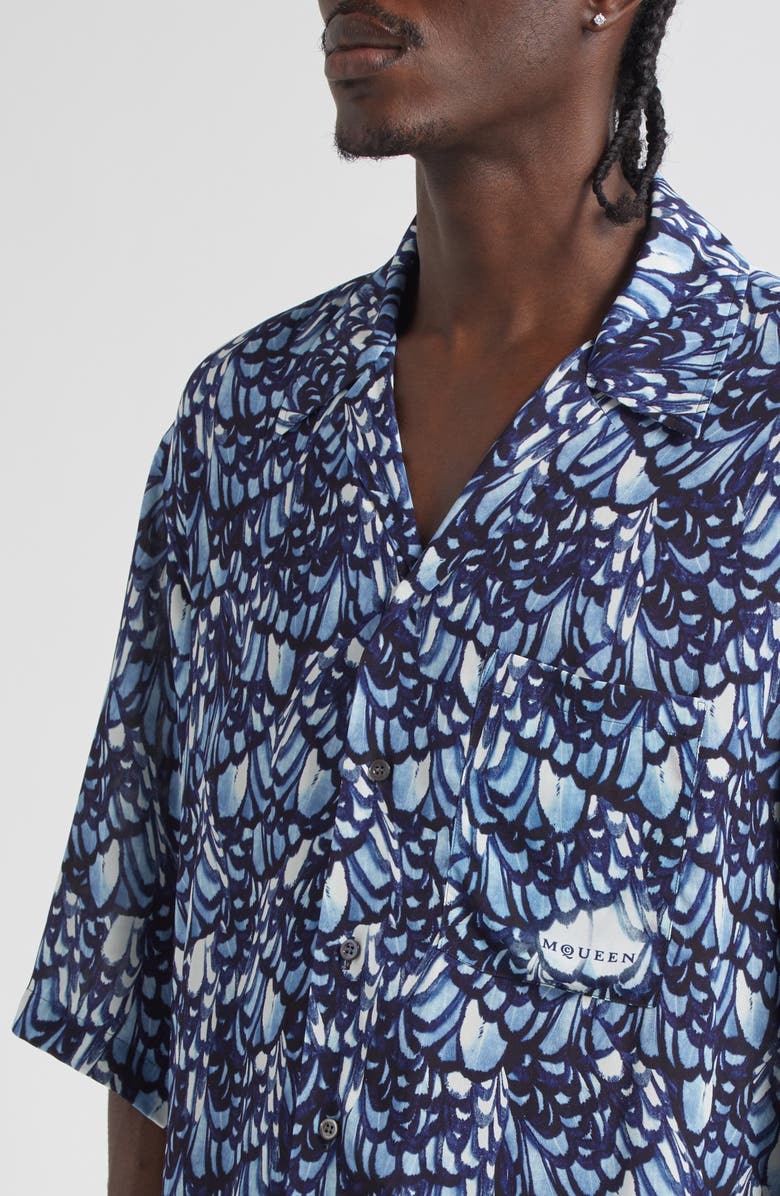 McQueen Feather Print Boxy Camp Shirt, Alternate, color, Blue