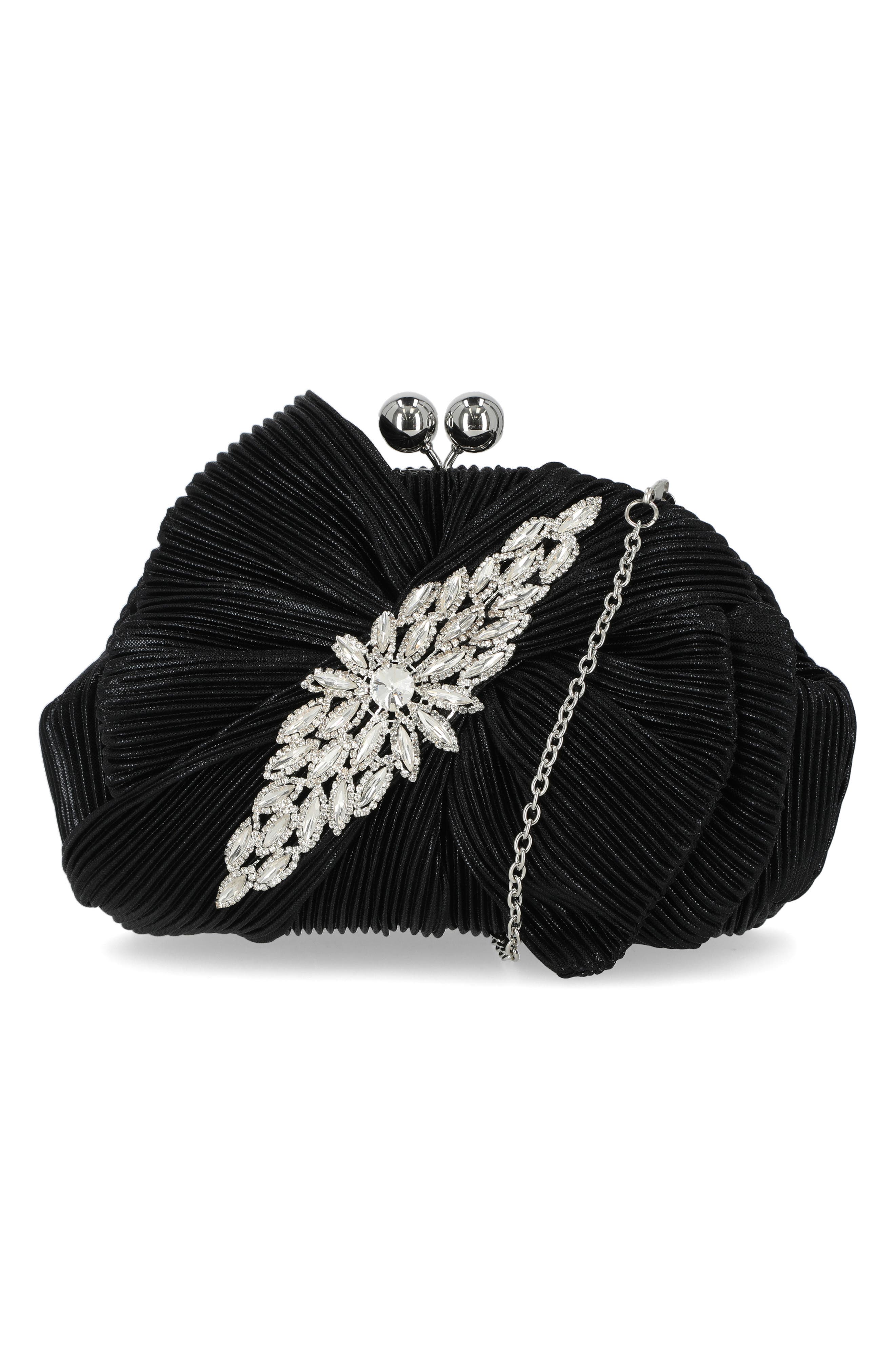 Jessica McClintock Juliette Pleat Frame Embellished Clutch, Alternate, color, Black
