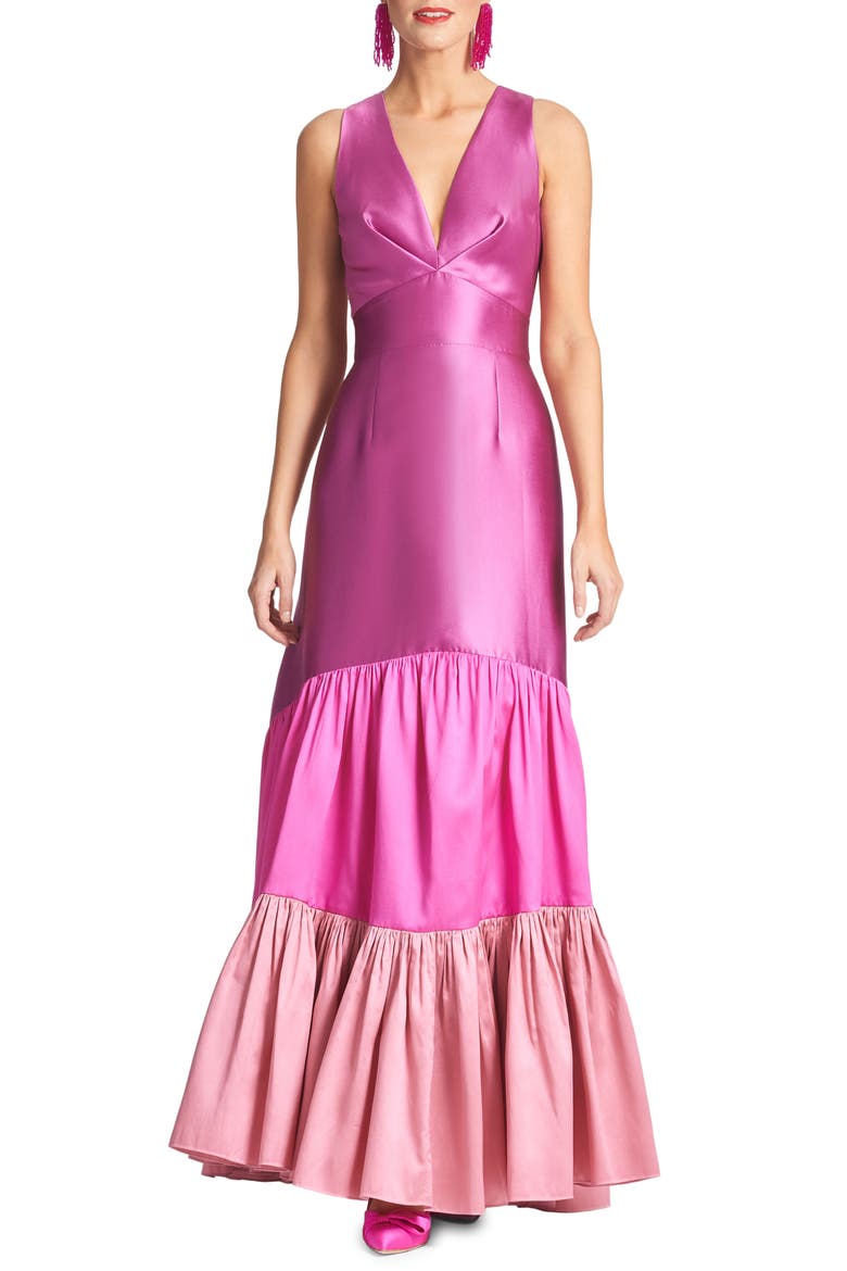 Rori Colorblock Tier Silk Blend Gown, Main, color, FUSCHIA MULTI