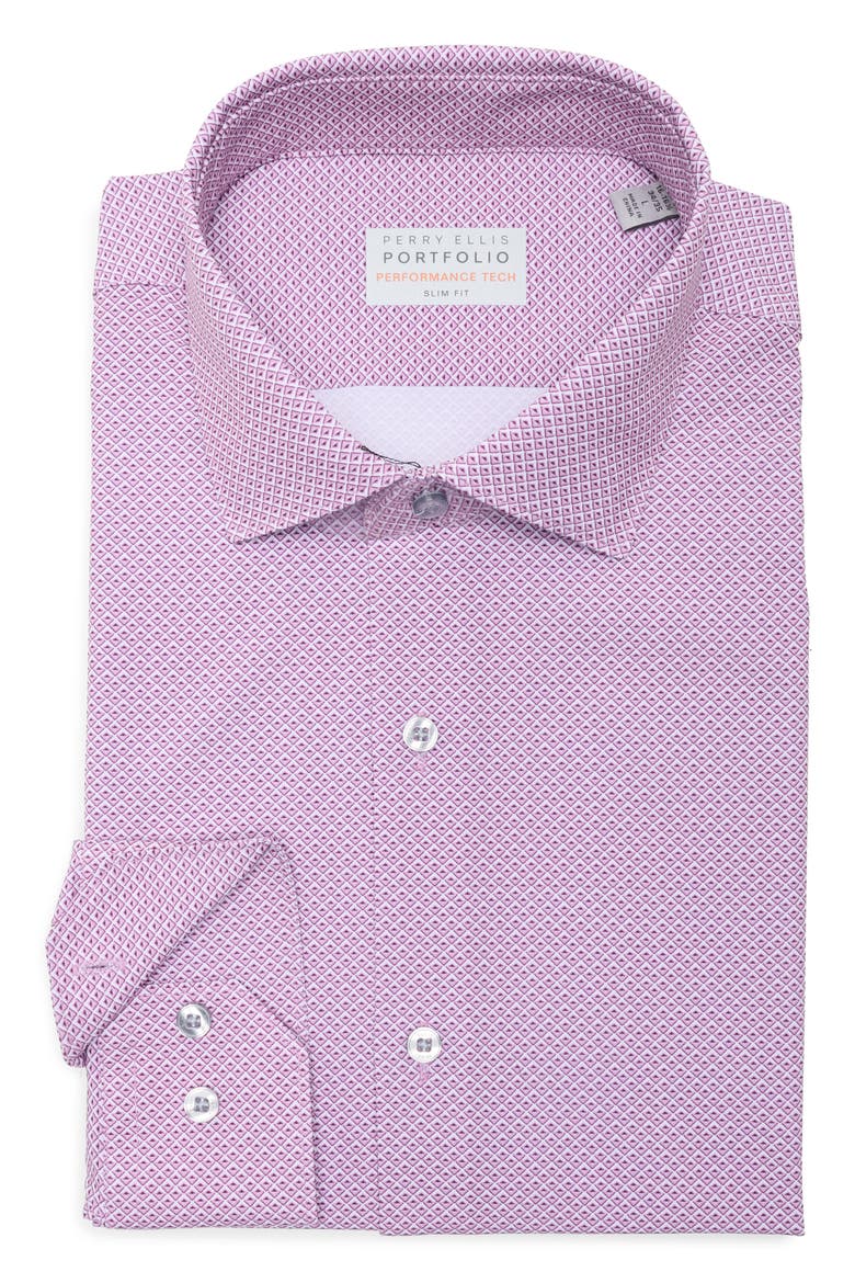 Slim Fit Geometric Print Performance Tech Dress Shirt, Main, color, ROSE VIOLET