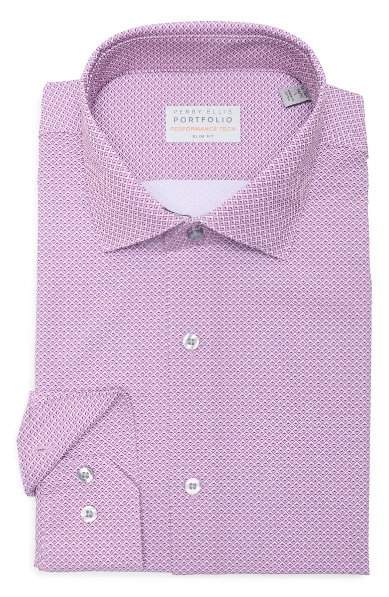 Perry Ellis Slim Fit Geometric Print Performance Tech Dress Shirt, Main, color, Rose Violet