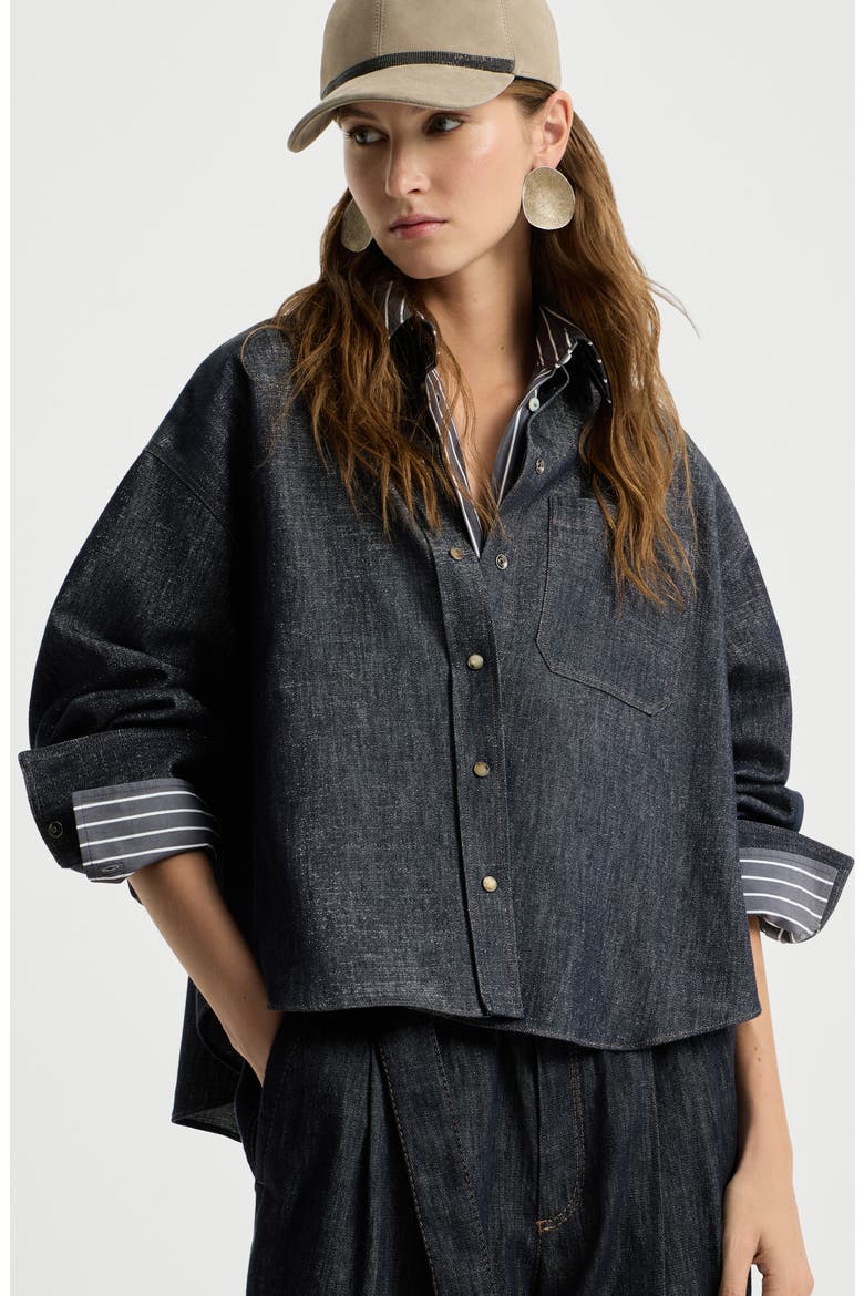 Sparkling no-fade denim shirt with shiny collar, Alternate, color, Denim