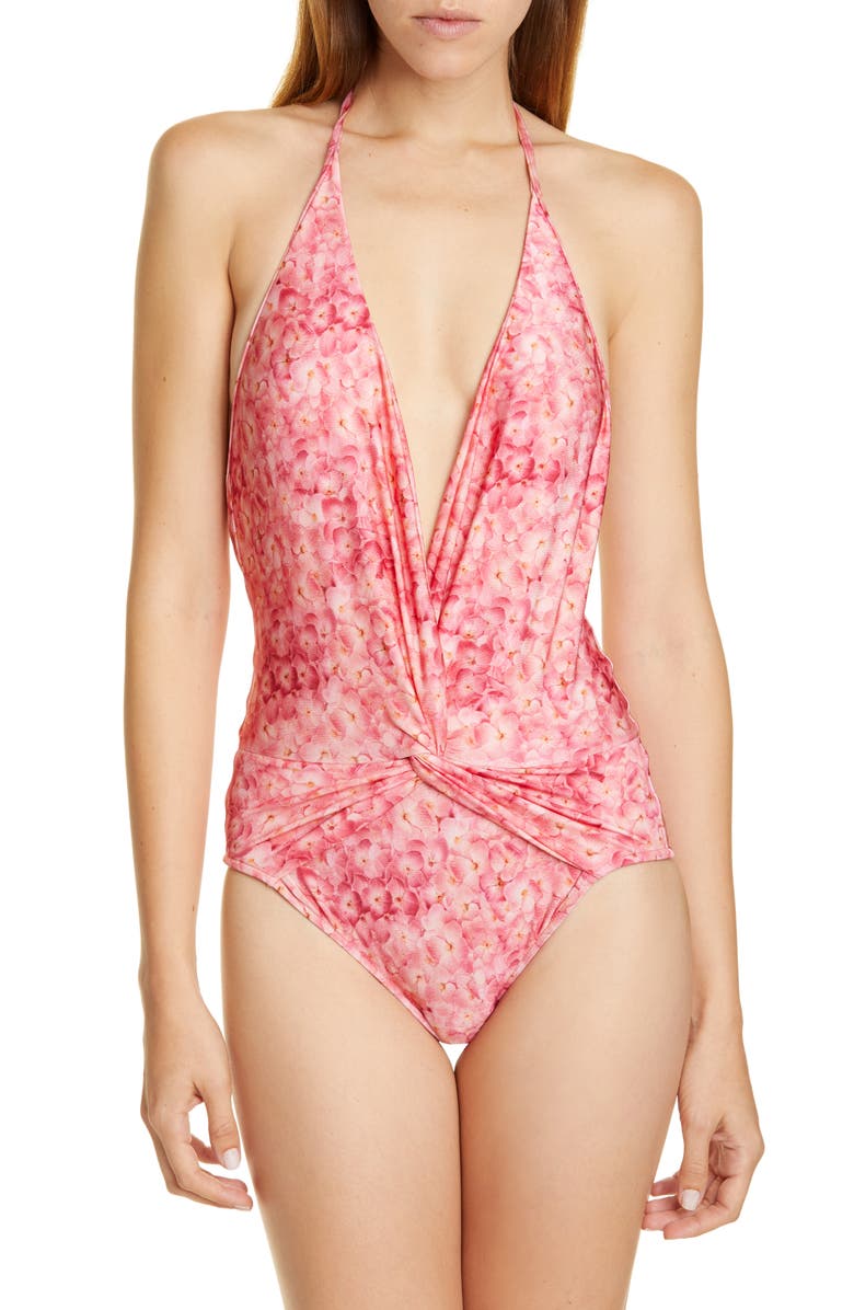 Adriana Degreas Floral One-Piece Halter Swimsuit, Main, color, 