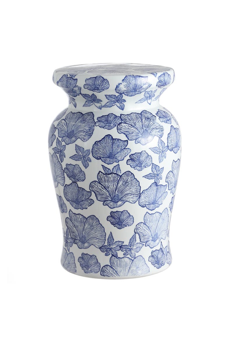 Poppies Traditional Floral Chinoiserie Ceramic Drum Garden Stool, Pierced Indoor/Outdoor Patio Seat & Side Table, Main, color, White/Blue