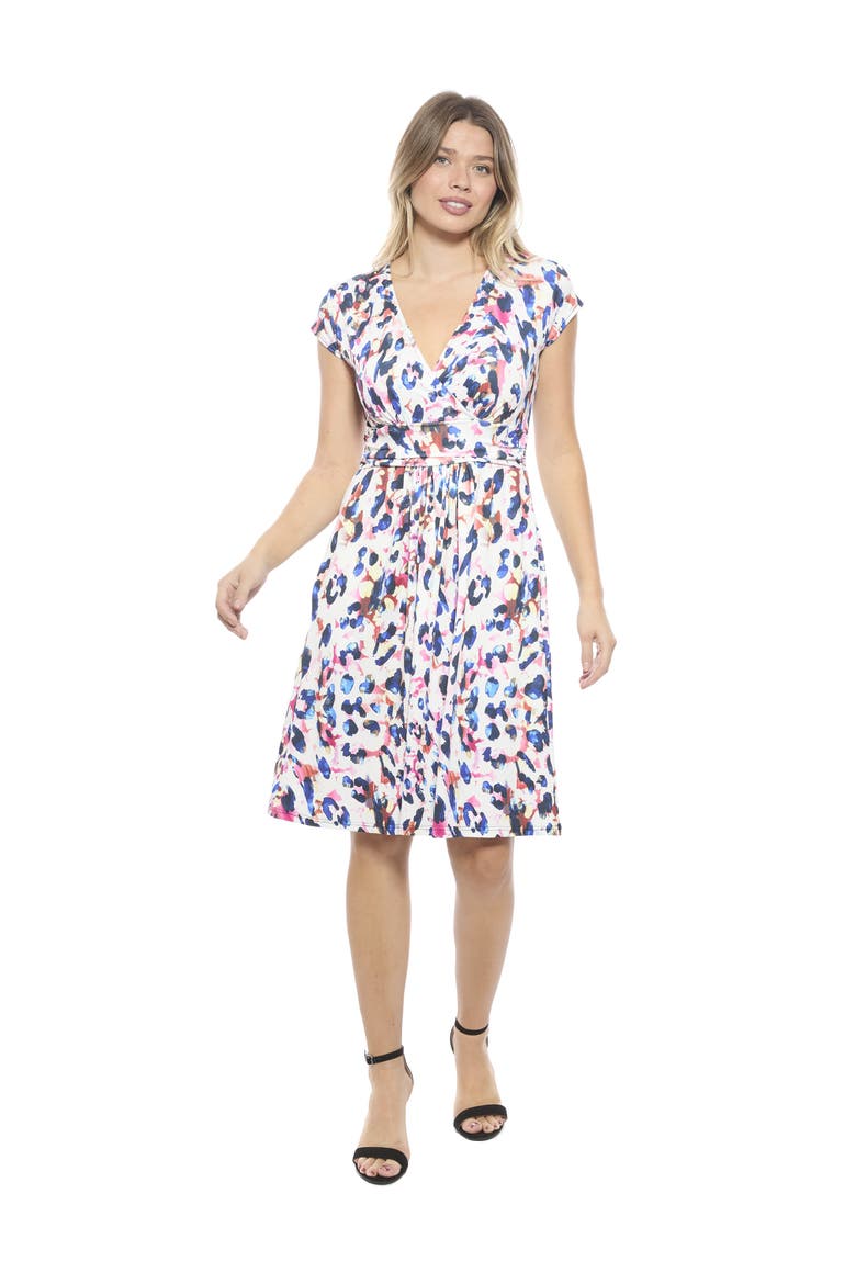 Womens Essential Abstract V-Neck Cap Sleeve Knee Length A-Line Pocket Dress, Main, color, White Multi