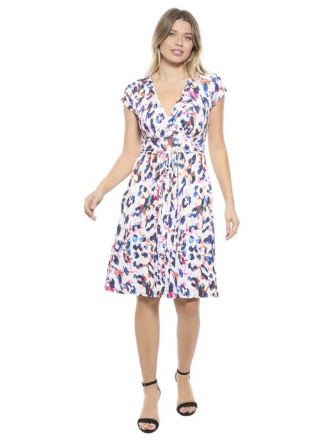 Womens Essential Abstract V-Neck Cap Sleeve Knee Length A-Line Pocket Dress