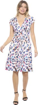 24seven Comfort Apparel Womens Essential Abstract V-Neck Cap Sleeve Knee Length A-Line Pocket Dress