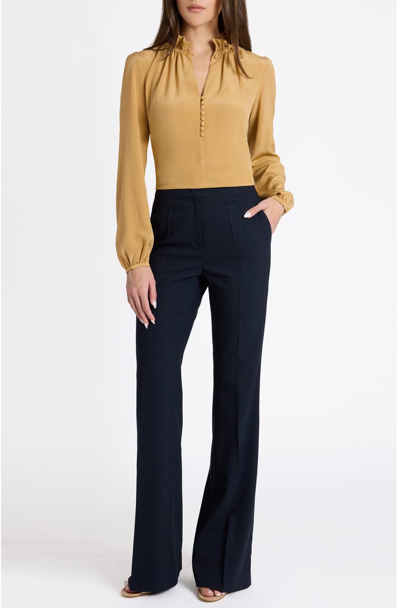 Santorelli Astrid Long Sleeve Silk Ruffle-Neck Top, Alternate, color, Dune Sand