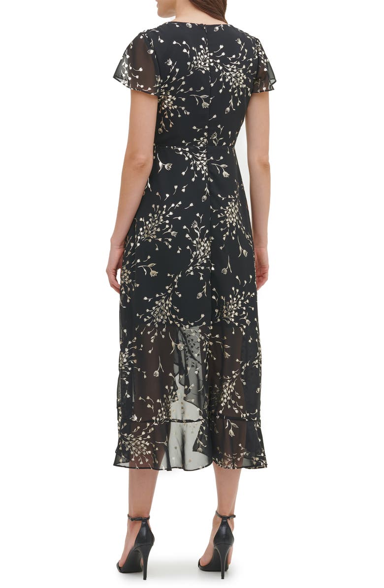 Kensie Metallic Floral Short Sleeve Faux Wrap Midi Dress, Alternate, color,