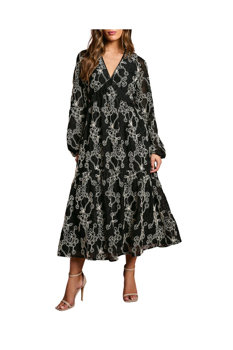 Long Sleeve Broderie Floral Midaxi Dress, Main, color, Mono