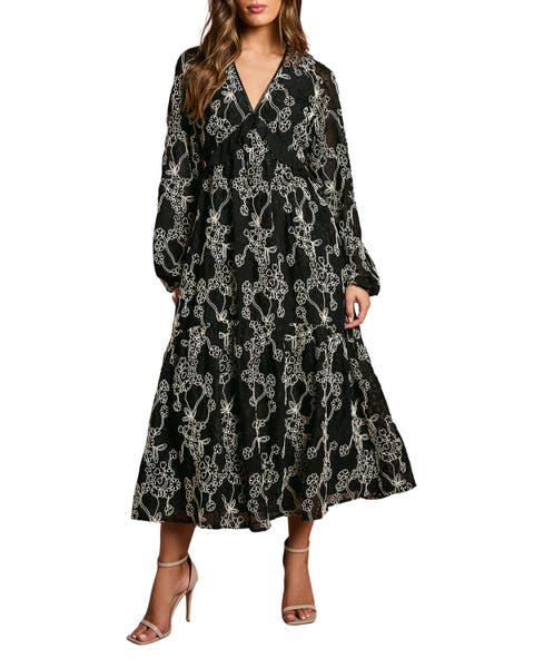 Long Sleeve Broderie Floral Midaxi Dress