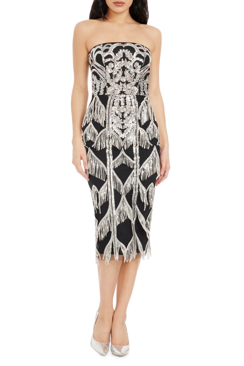 Viviana Sequin Strapless Sheath Dress, Main, color, SILVER-BLACK