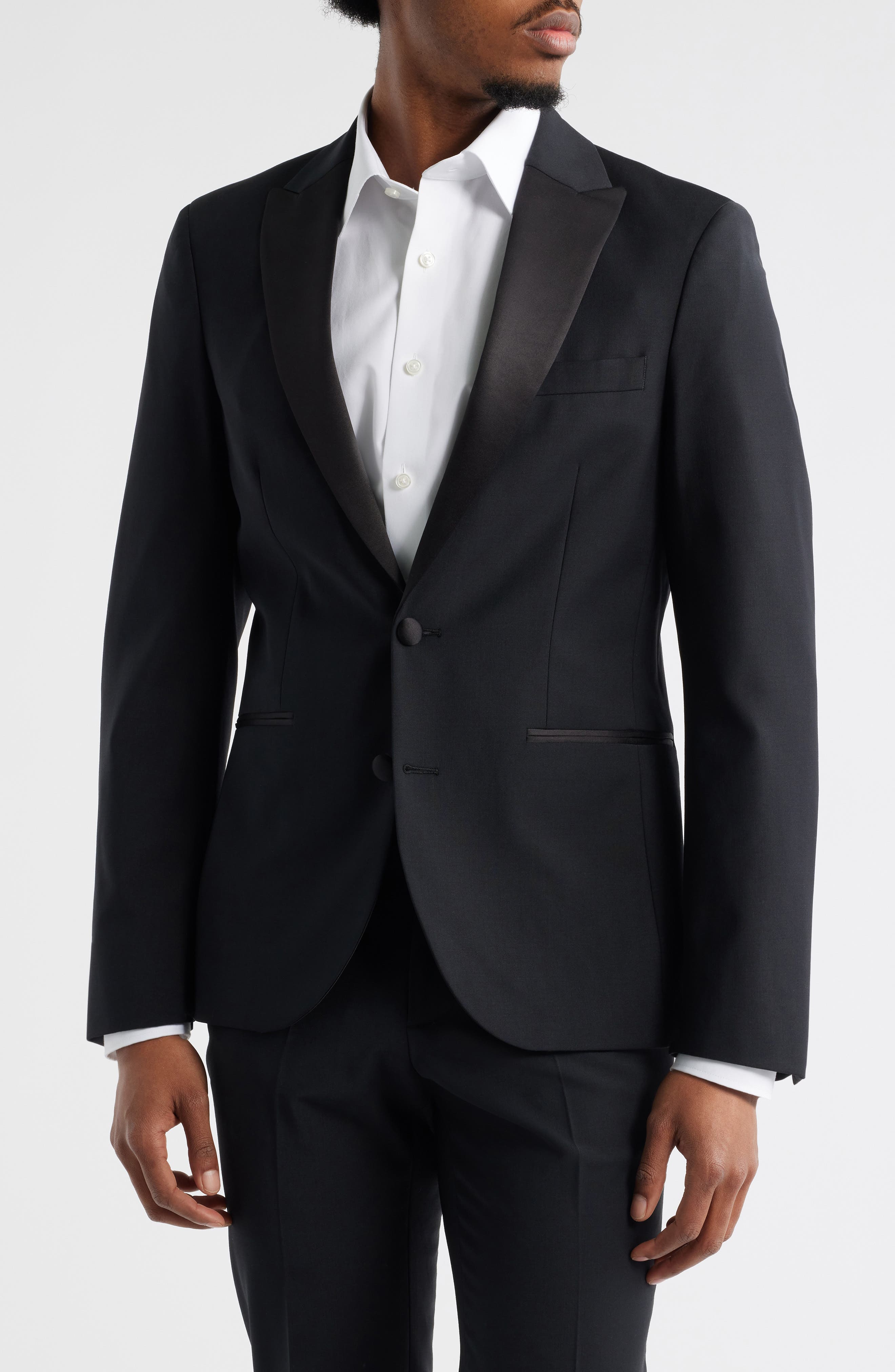 Open Edit Black Peaked Lapel Stretch Wool Blend Tuxedo Jacket