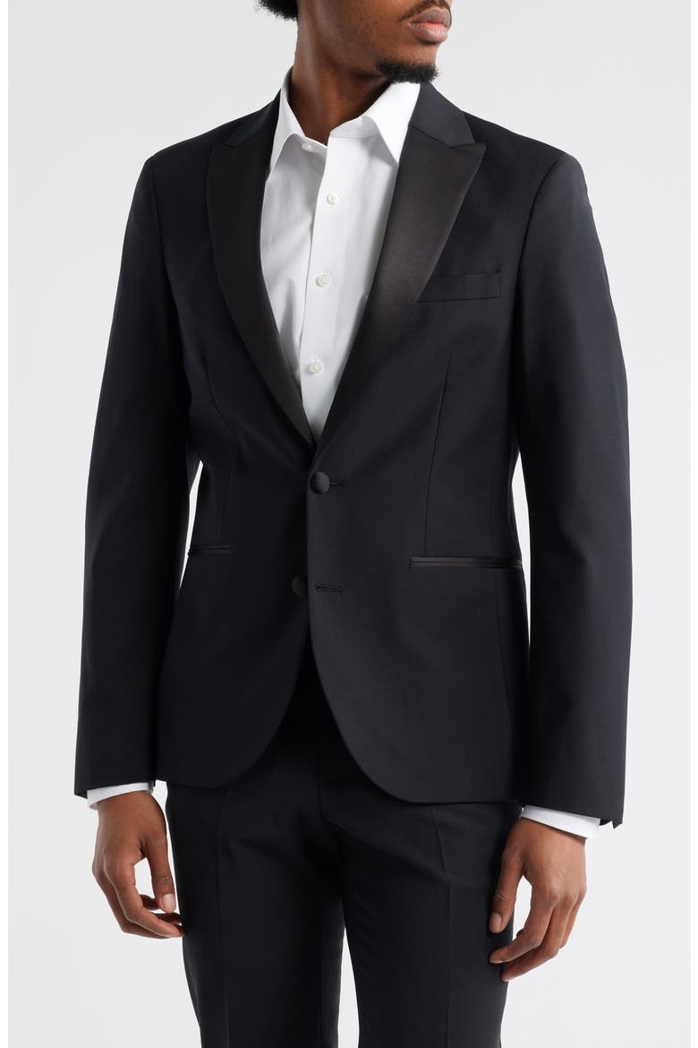 Black Peaked Lapel Stretch Wool Blend Tuxedo Jacket, Main, color, BLACK CAVIAR