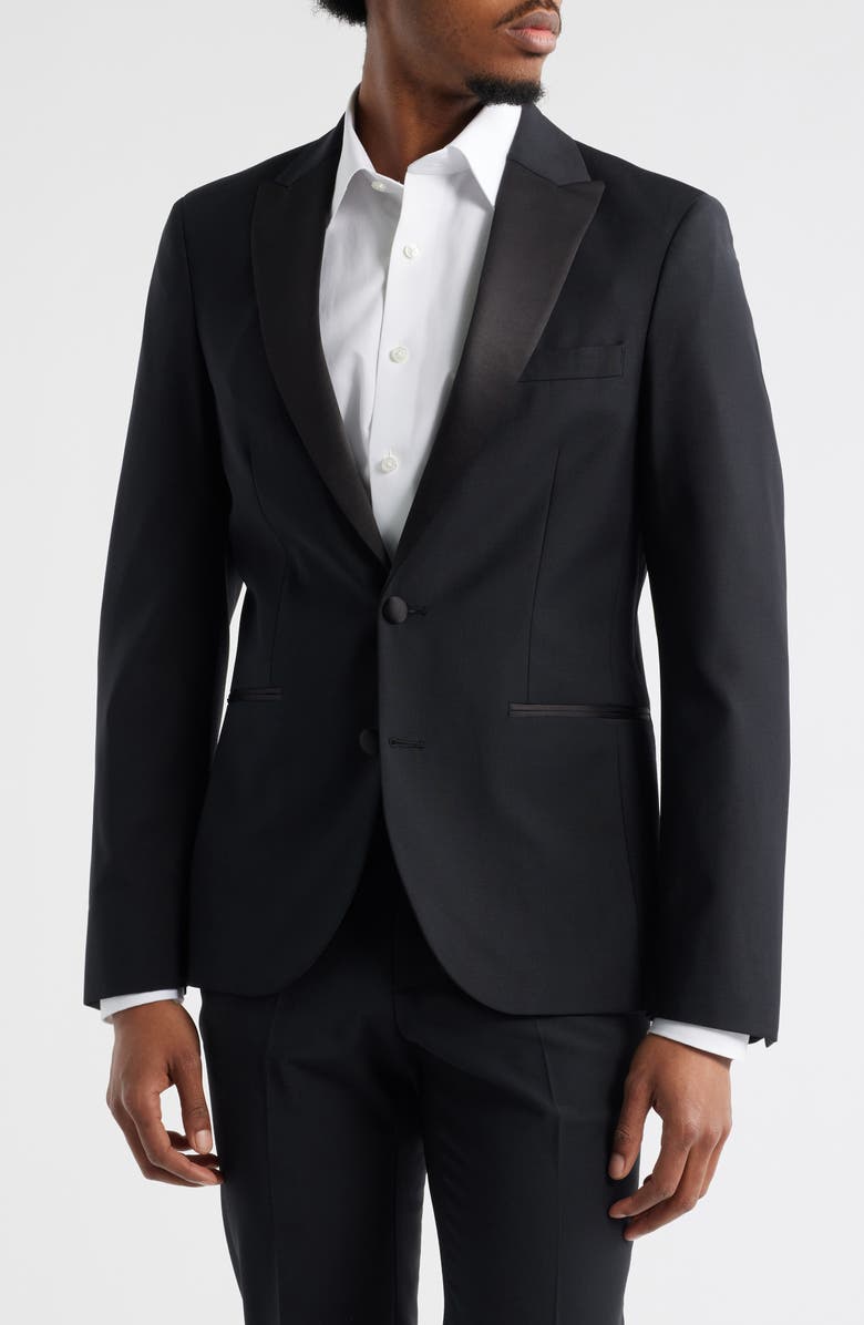 Open Edit Peaked Lapel Wool Blend Tuxedo Jacket, Main, color, Black Caviar