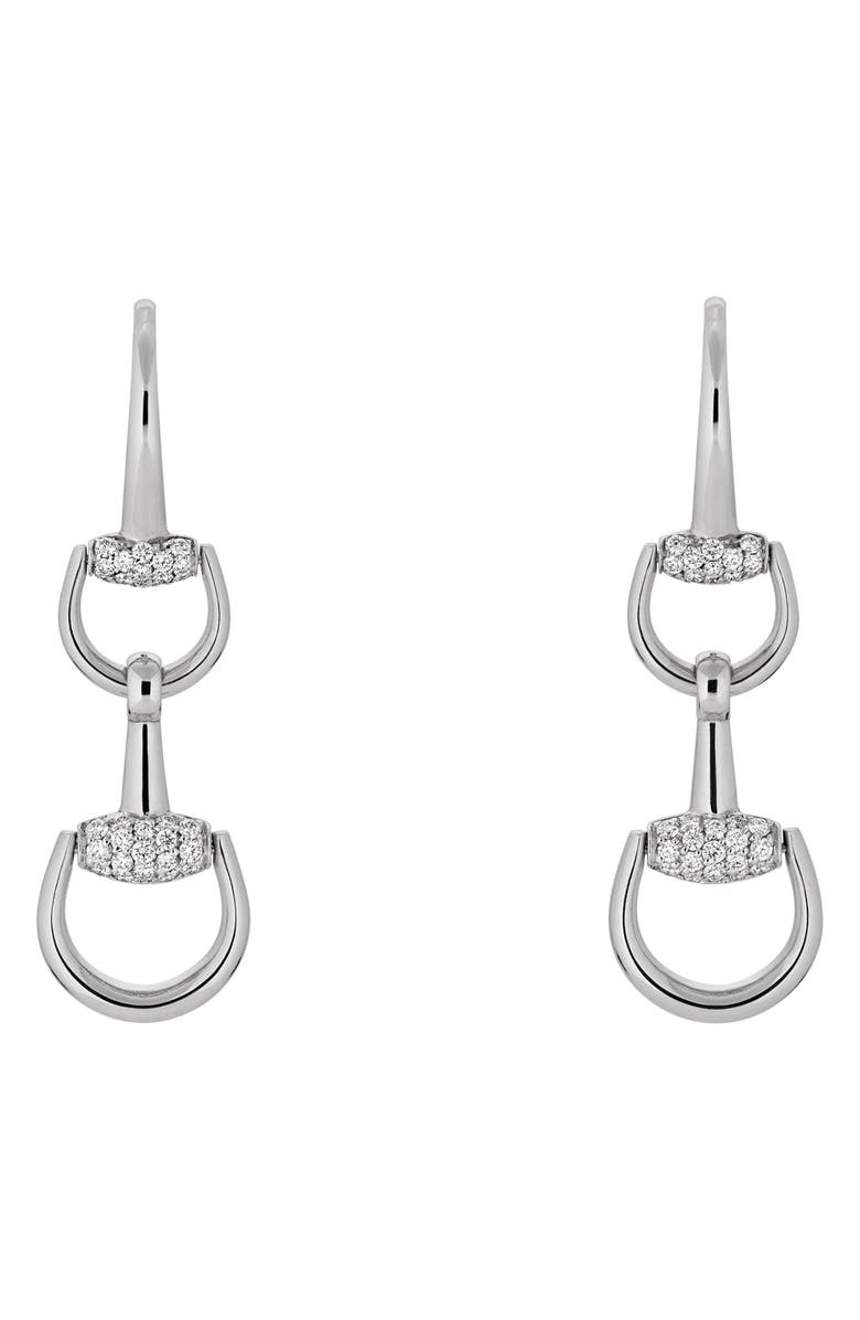 Gucci Diamond Pavé 18K Gold Horsebit Drop Earrings, Main, color, White Gold
