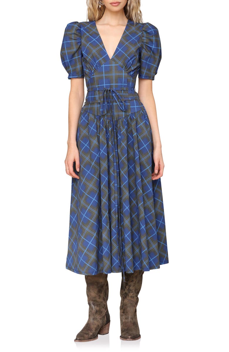 Avec Les Filles Plaid Puff Sleeve Tie Belt Stretch Cotton Midi Dress, Main, color, Olive And Blue Plaid