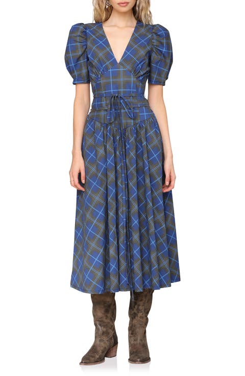 Plaid Puff Sleeve Tie Belt Stretch Cotton Midi Dress