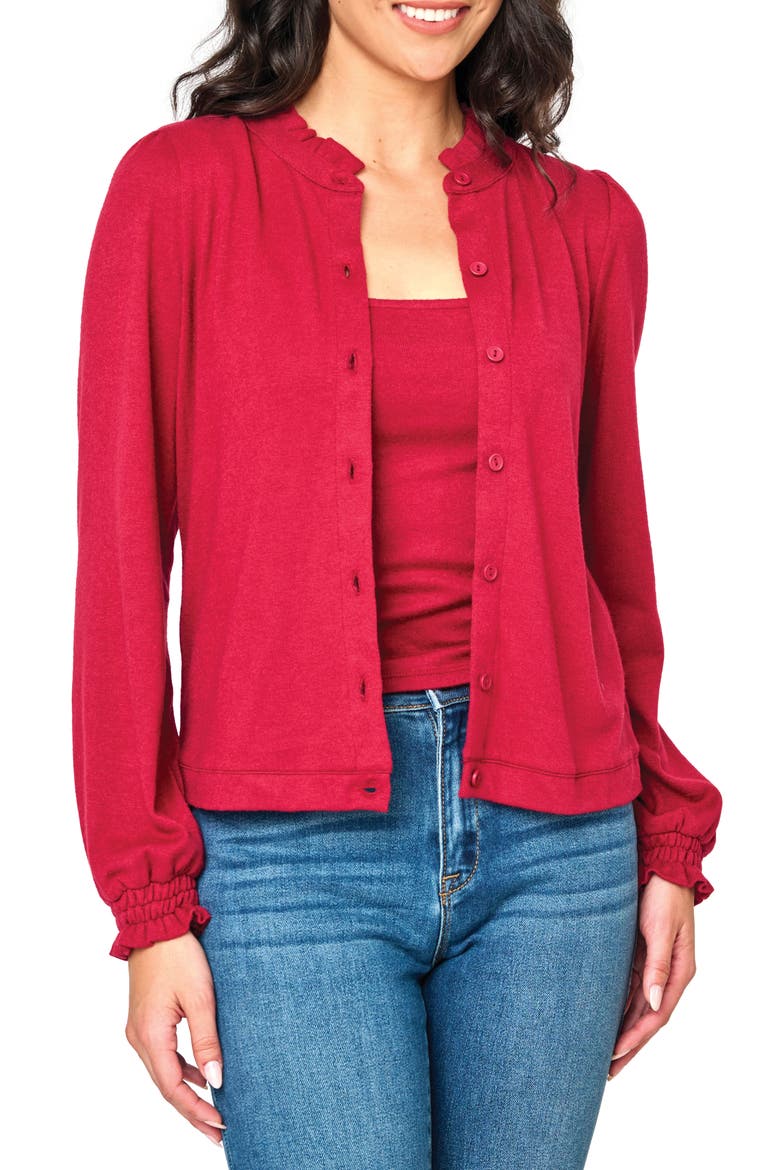 Ruffle Accent Cardigan, Main, color, CRANBERRY