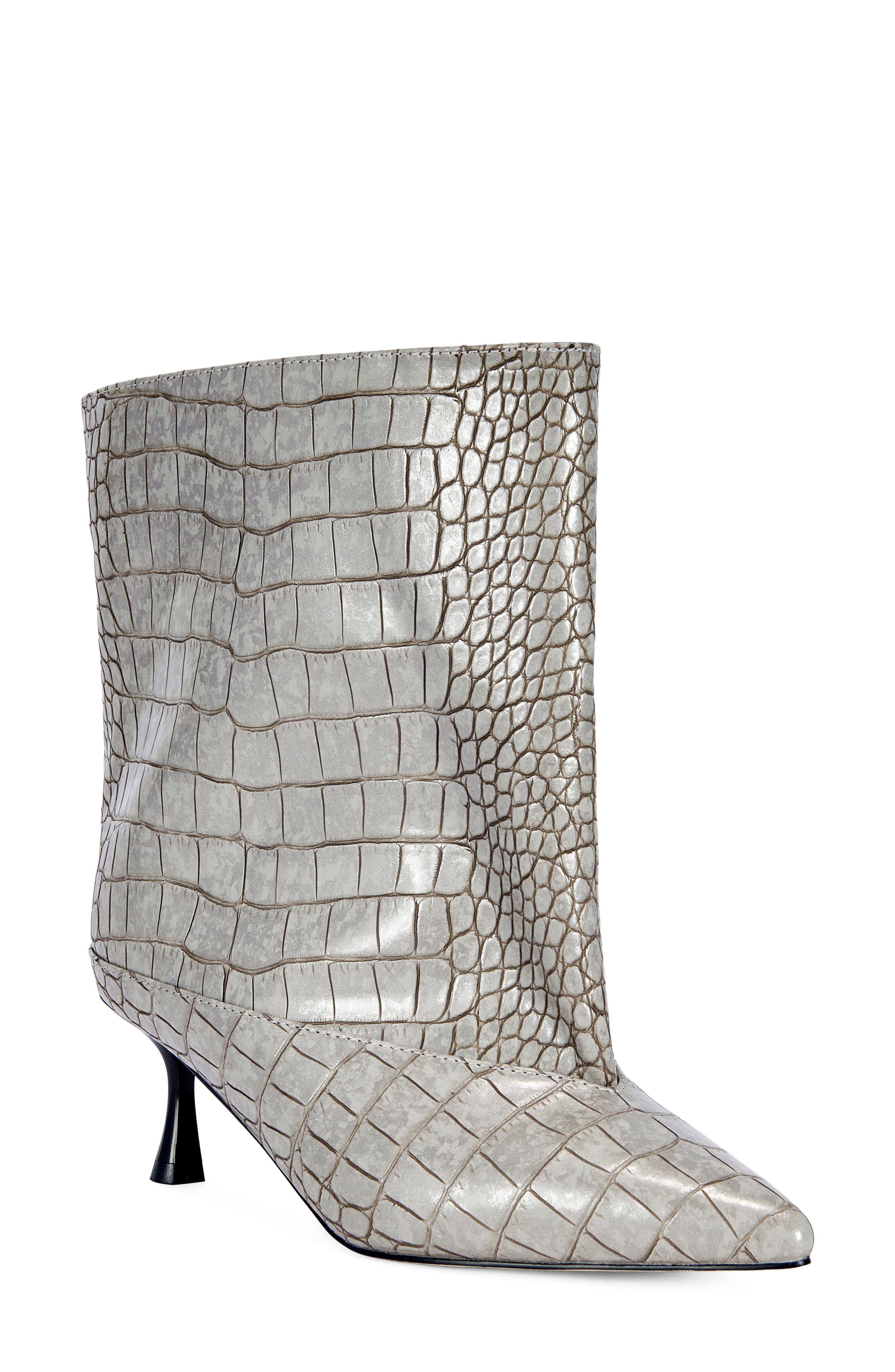 Hayek Croc Embossed Faux Leather Bootie, Main, color, SILVER