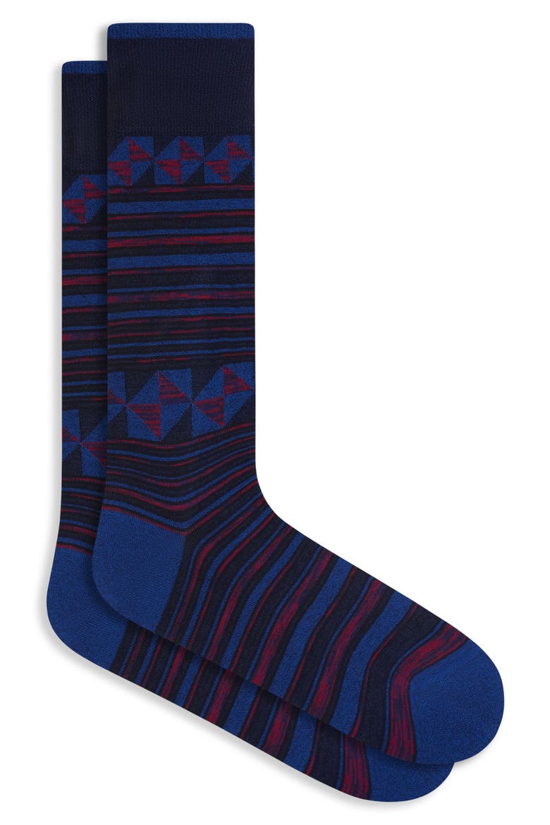 Stripe Geo Pattern Cotton Blend Dress Socks, Main, color, NAVY