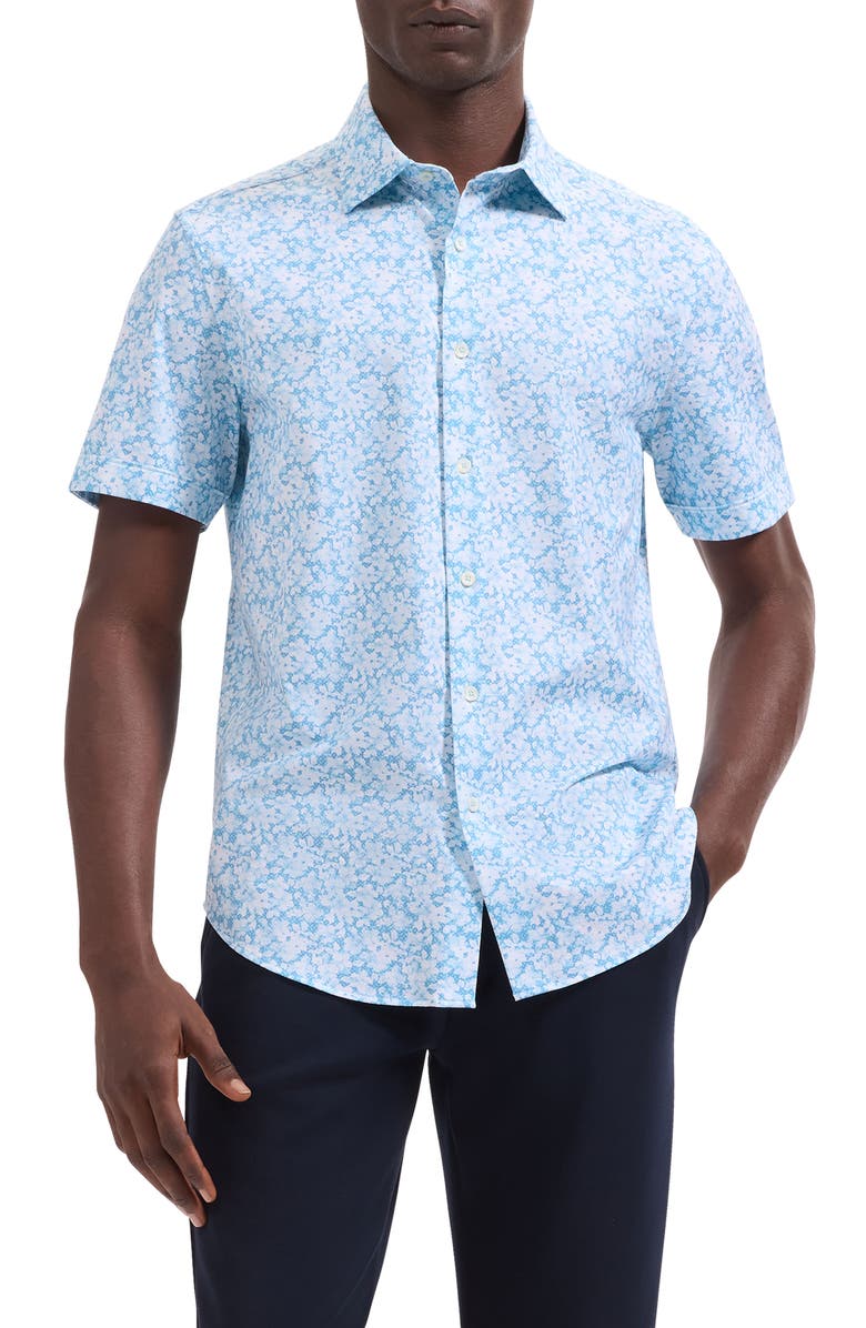 Bugatchi Miles OoohCotton<sup>®</sup> Watercolor Floral Print Short Sleeve Button-Up Shirt, Main, color, Teal