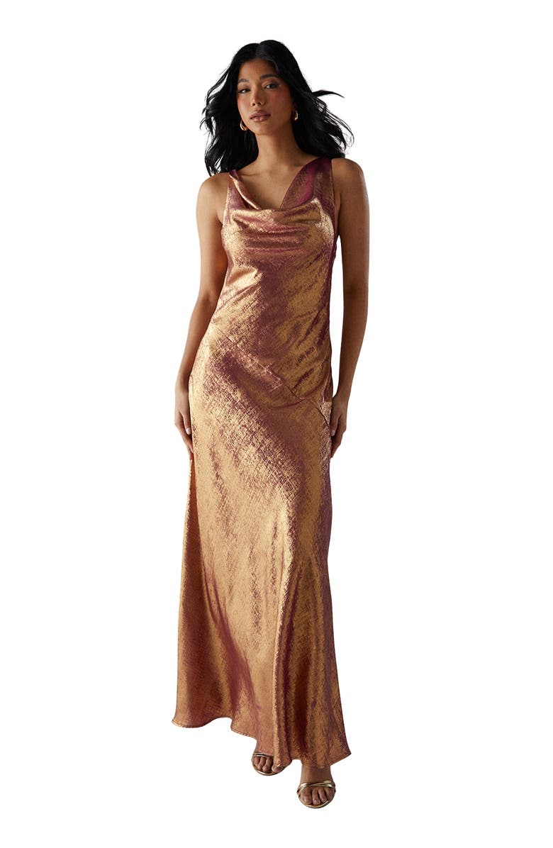 Warehouse Metallic Lame Cowl Neck Maxi Dress, Main, color,