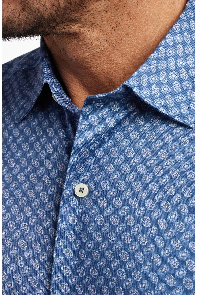 Neat Print Short Sleeve Cotton Button-Up Shirt, Alternate, color, NAVY