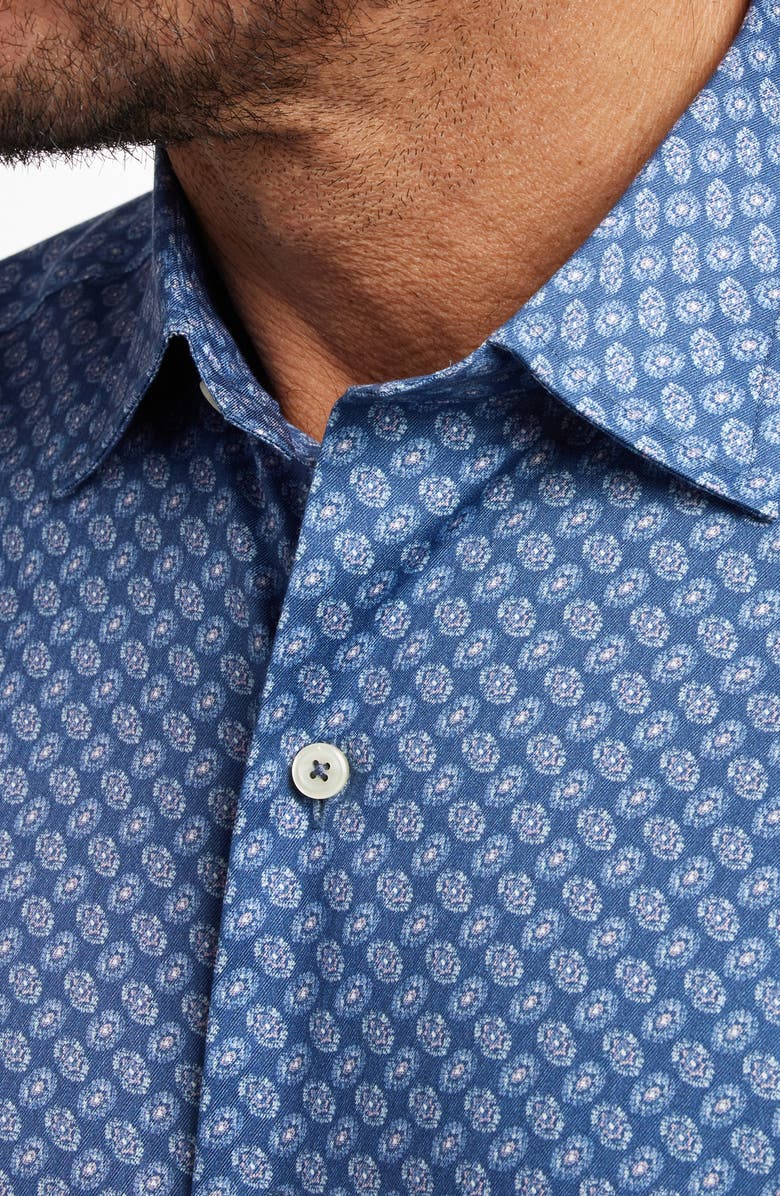 David Donahue Neat Print Short Sleeve Cotton Button-Up Shirt, Alternate, color, Navy