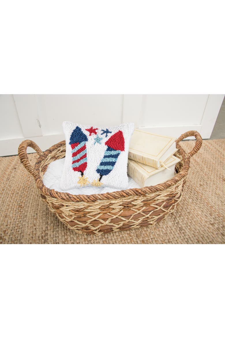 Patriotic Stars & Rocket Fireworks Hooked Mini Accent Pillow, 8" x 8", Alternate, color, White