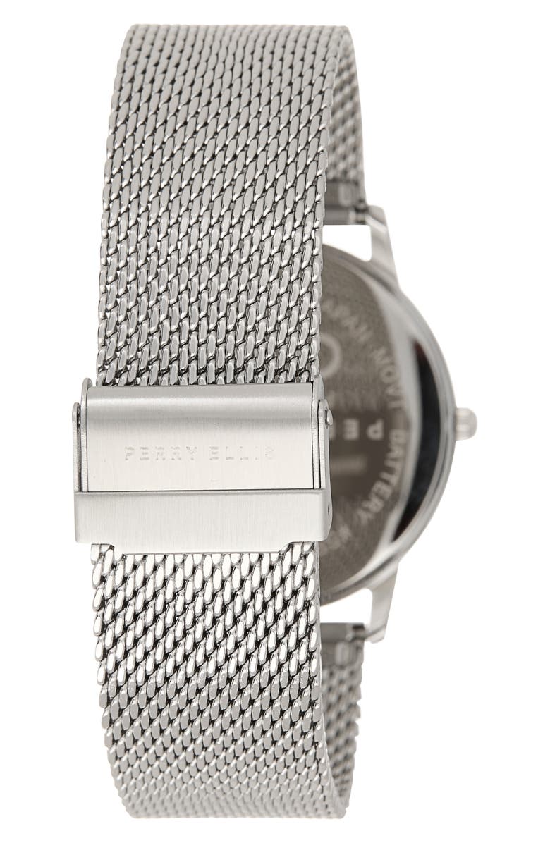 Perry Ellis 3-Hand Quartz Diamond Solitaire Mesh Strap Watch, 41mm, Alternate, color, Silver