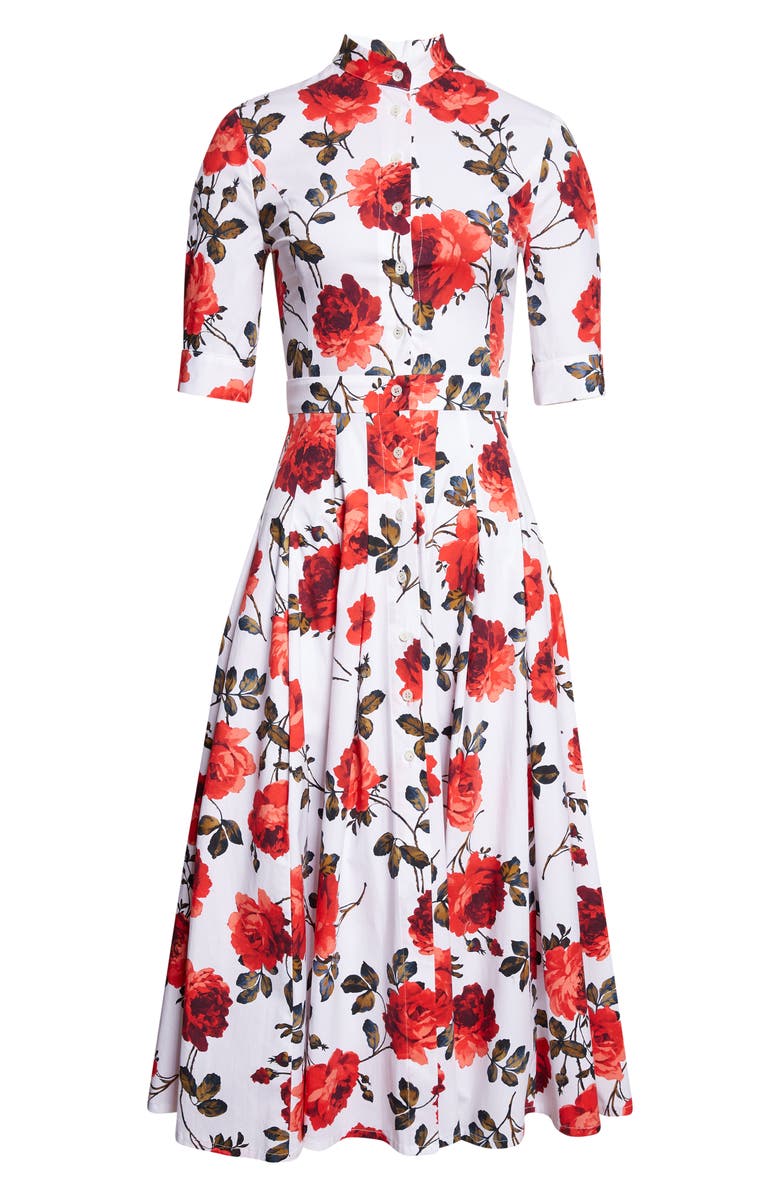 Carolina Herrera Rose Print Stretch Cotton Poplin Shirtdress, Main, color, White Multi