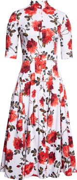 Carolina Herrera Rose Print Stretch Cotton Poplin Shirtdress