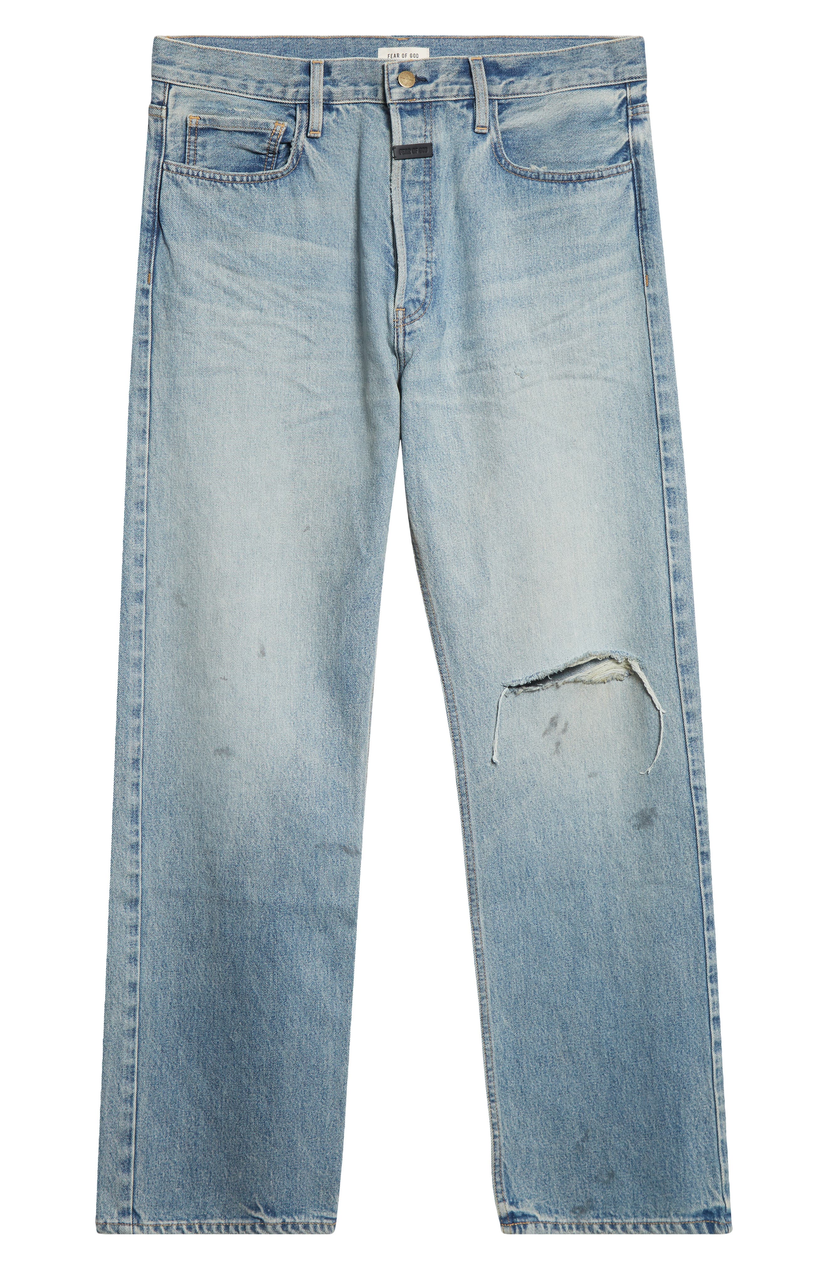 Fear of God Ripped Knee Five-Pocket Straight Leg Jeans (Men