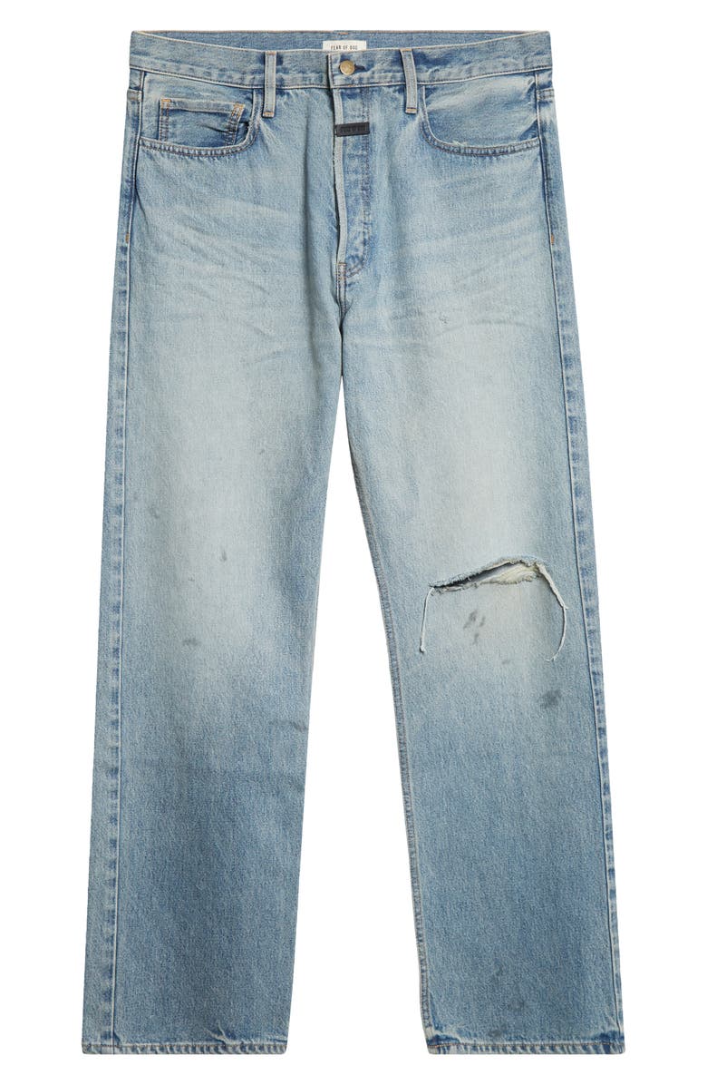 Fear of God Ripped Knee Five-Pocket Straight Leg Jeans, Main, color, Light Indigo Light Indigo