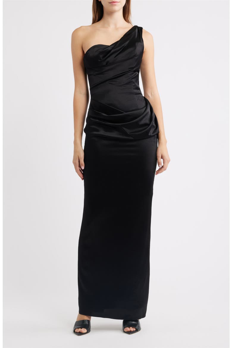Caprice One-Shoulder Satin Gown, Main, color, BLACK