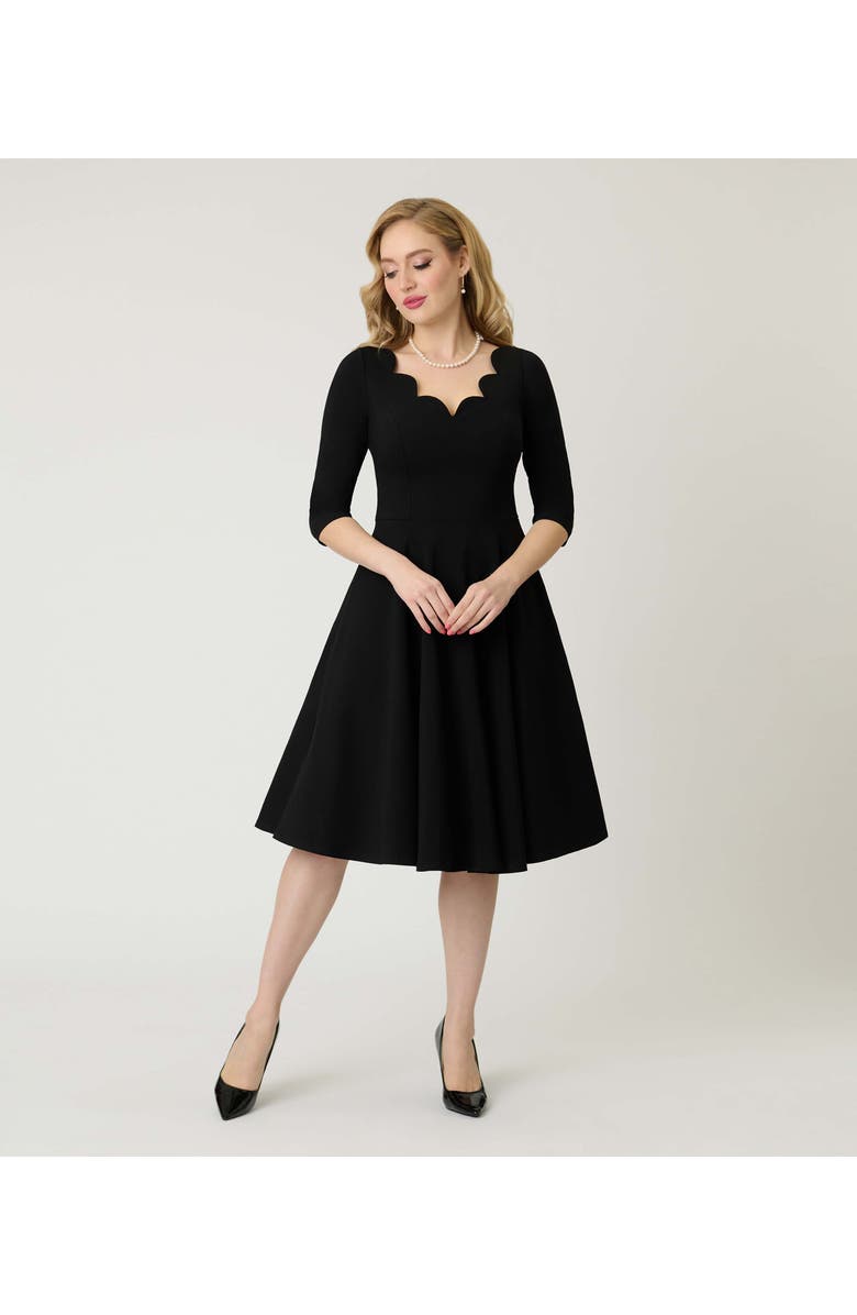 Unique Vintage Scalloped Neck Swing Dress, Alternate, color, Black Solid