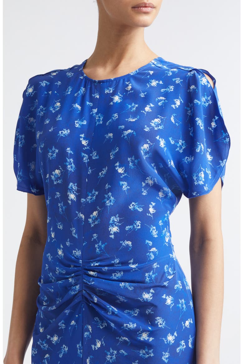 Bela Floral Ruched Silk Midi Dress, Alternate, color, CYANOTYPE FLOWER INDIGO