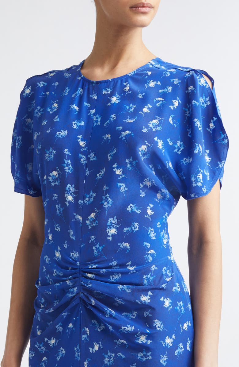 Victoria Beckham Bela Floral Ruched Silk Midi Dress, Alternate, color, Cyanotype Flower Indigo