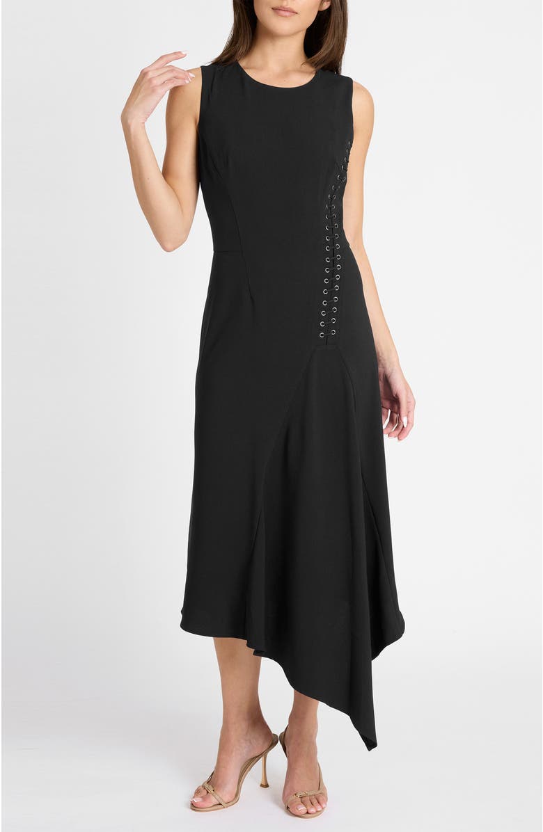 Santorelli Kylie Sleeveless Asymmetric Midi Crepe Dress, Alternate, color, Black