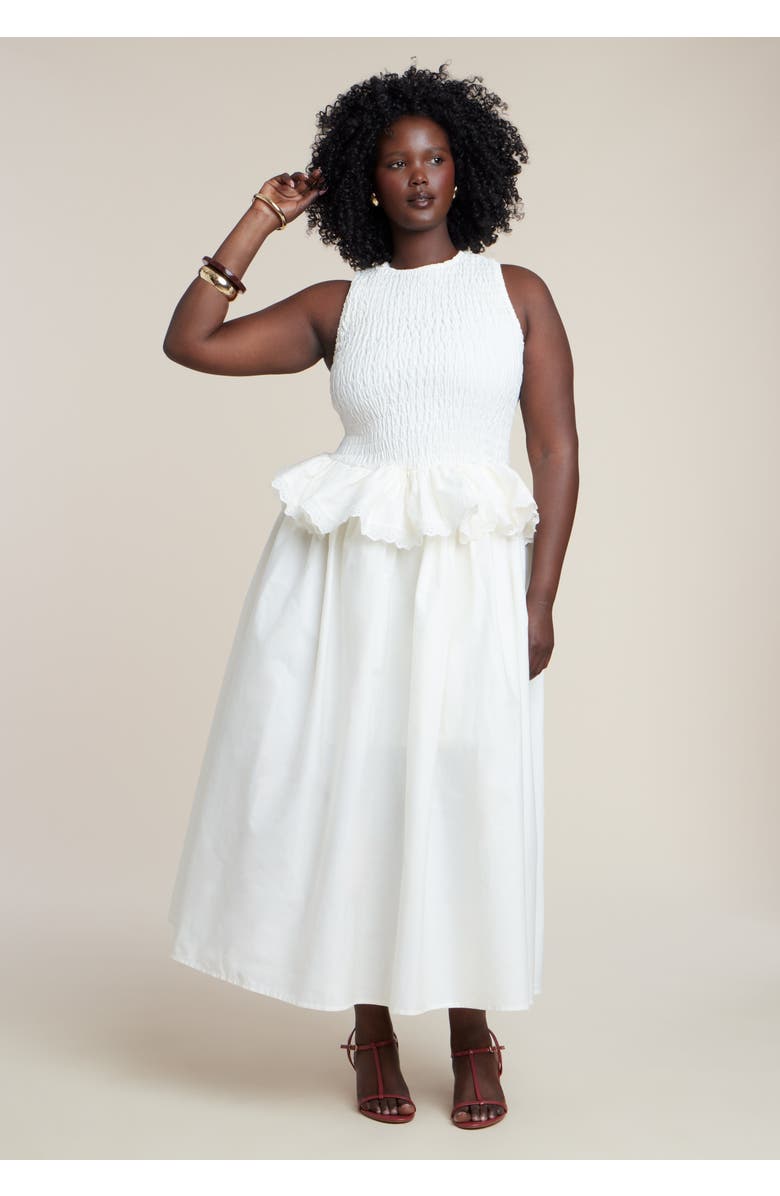 ELOQUII Trim Detail Peplum Midi Dress, Main, color, Jet Stream