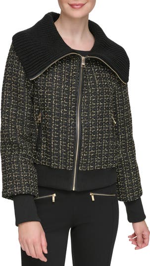 KARL shops LAGERFELD PARIS Tweed Faux Leather Bomber Jacket