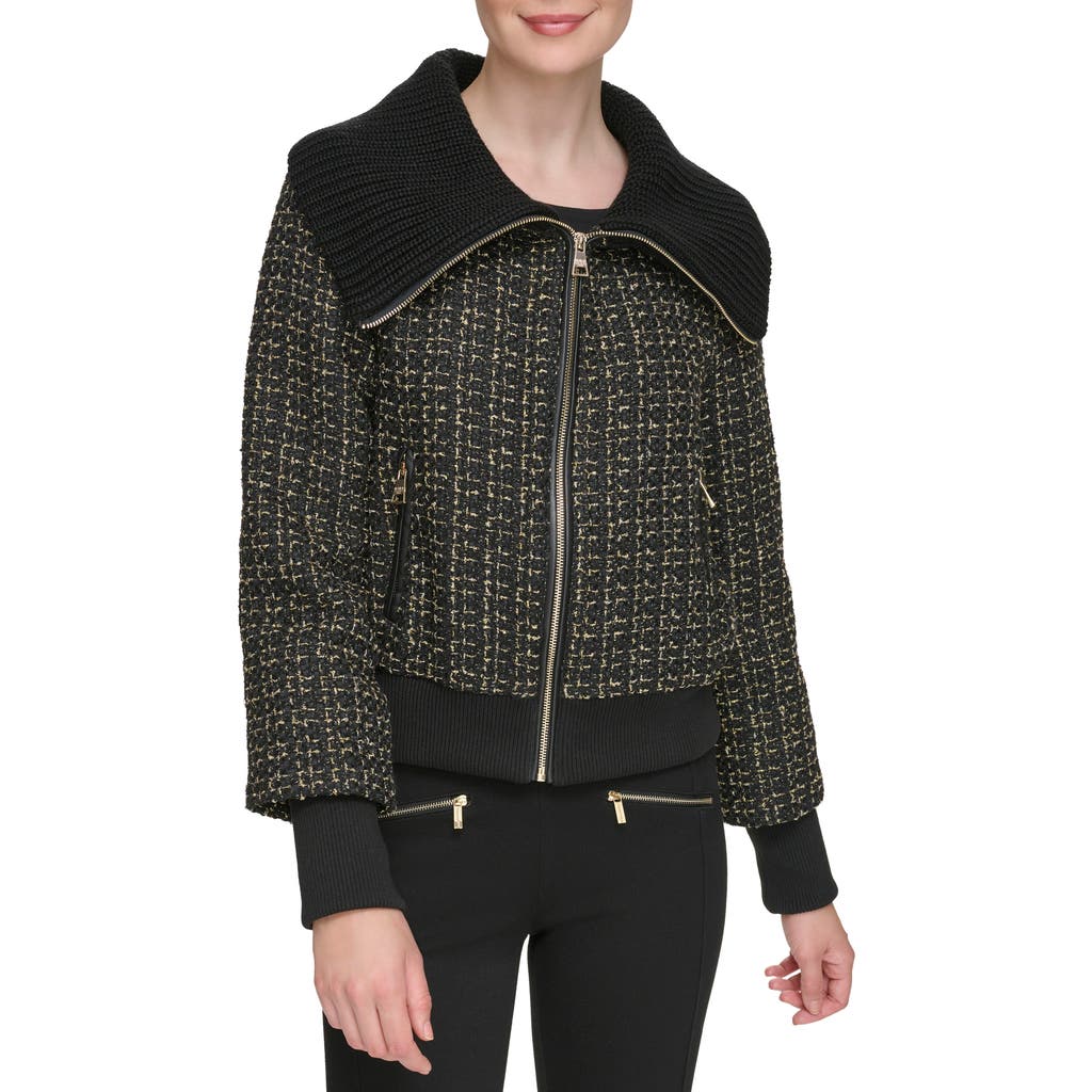 Karl Lagerfeld Paris Knit Collar Metallic Tweed Bomber Jacket In Black Gold