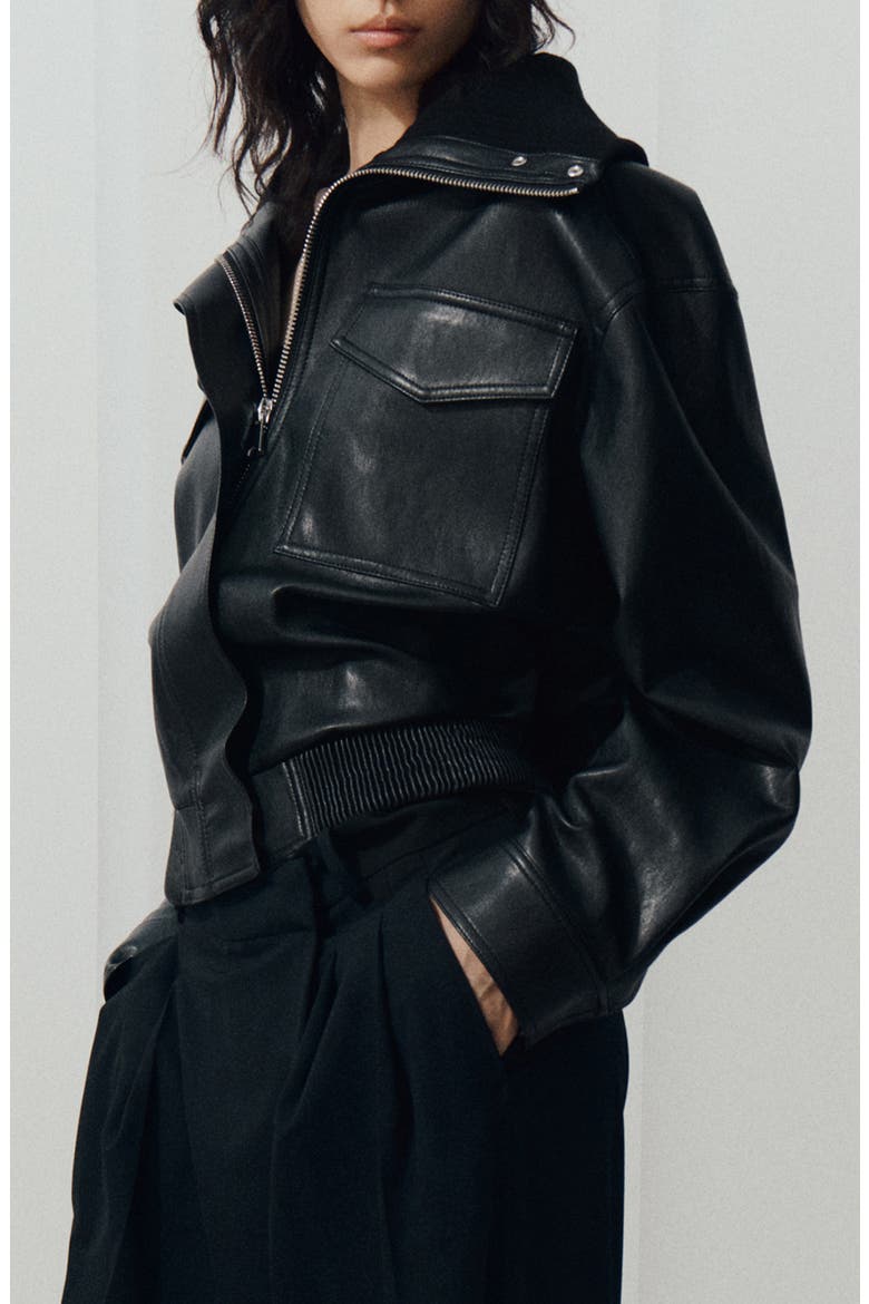 Crop Rib Faux Leather Jacket, Main, color, BLACK