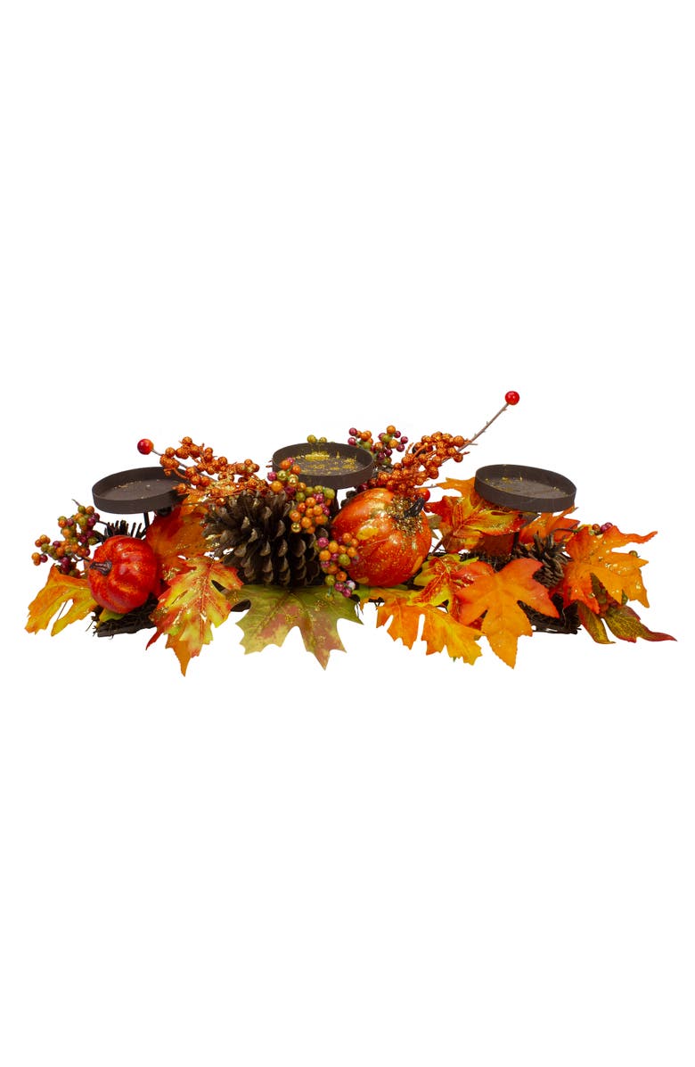 Northlight 21" Orange Fall Harvest Leaves and Pumpkins Candle Holder, Main, color, Orange