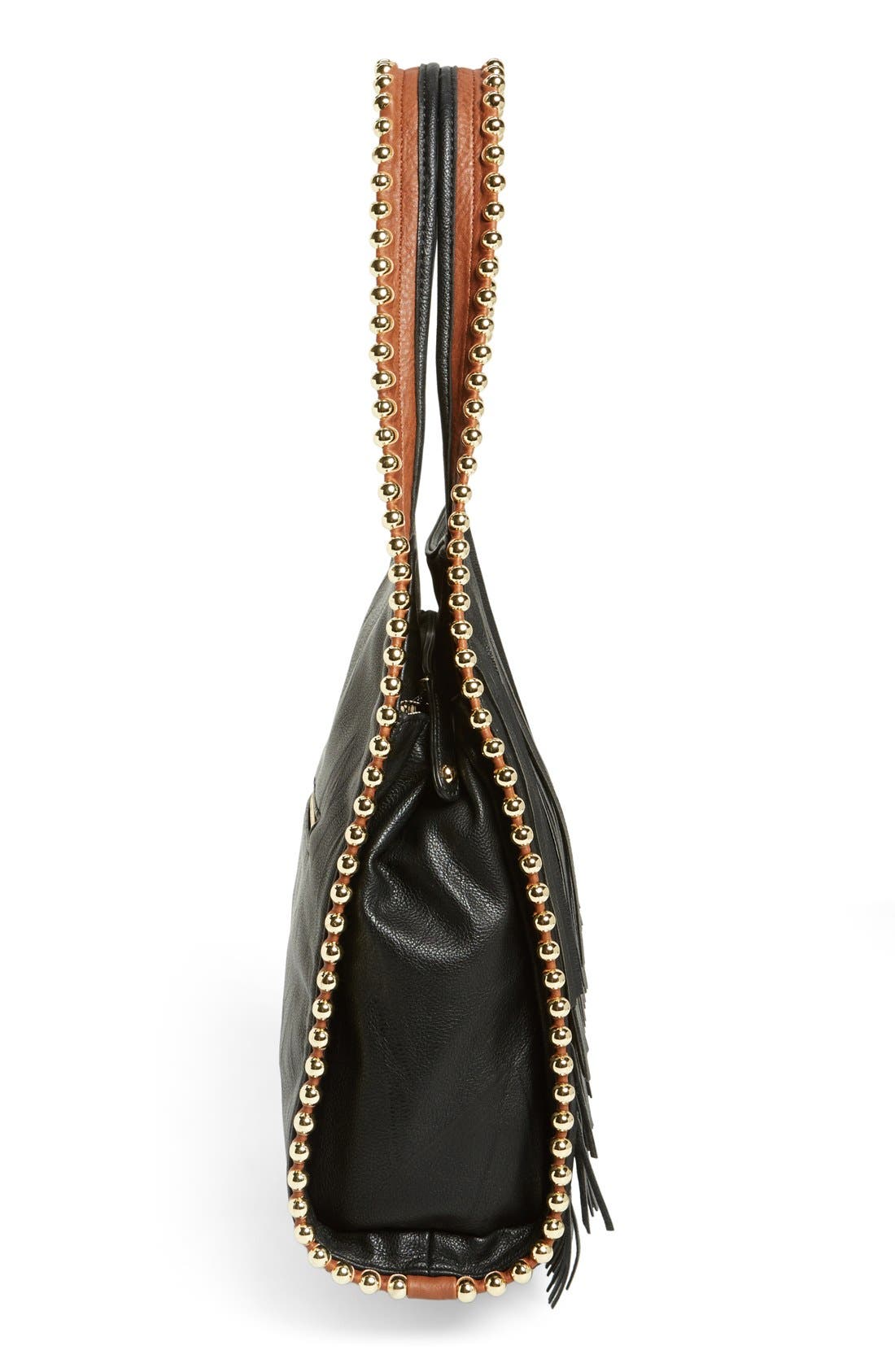 Fringe Faux Leather Hobo, Alternate, color, BLACK